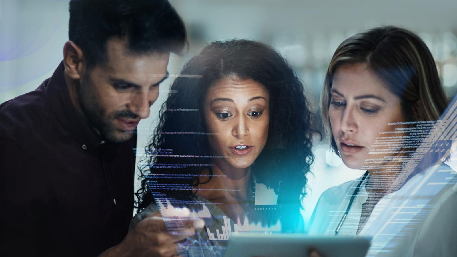 Diverse team of professionals collaborating with AI-powered enterprise solutions and holographic data visualizations