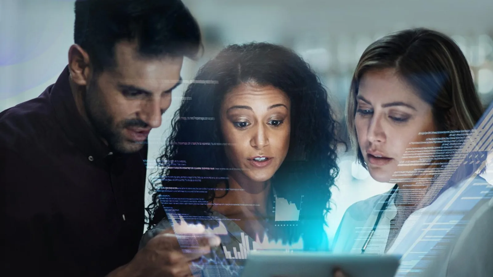 Diverse team of professionals collaborating with AI-powered enterprise solutions and holographic data visualizations
