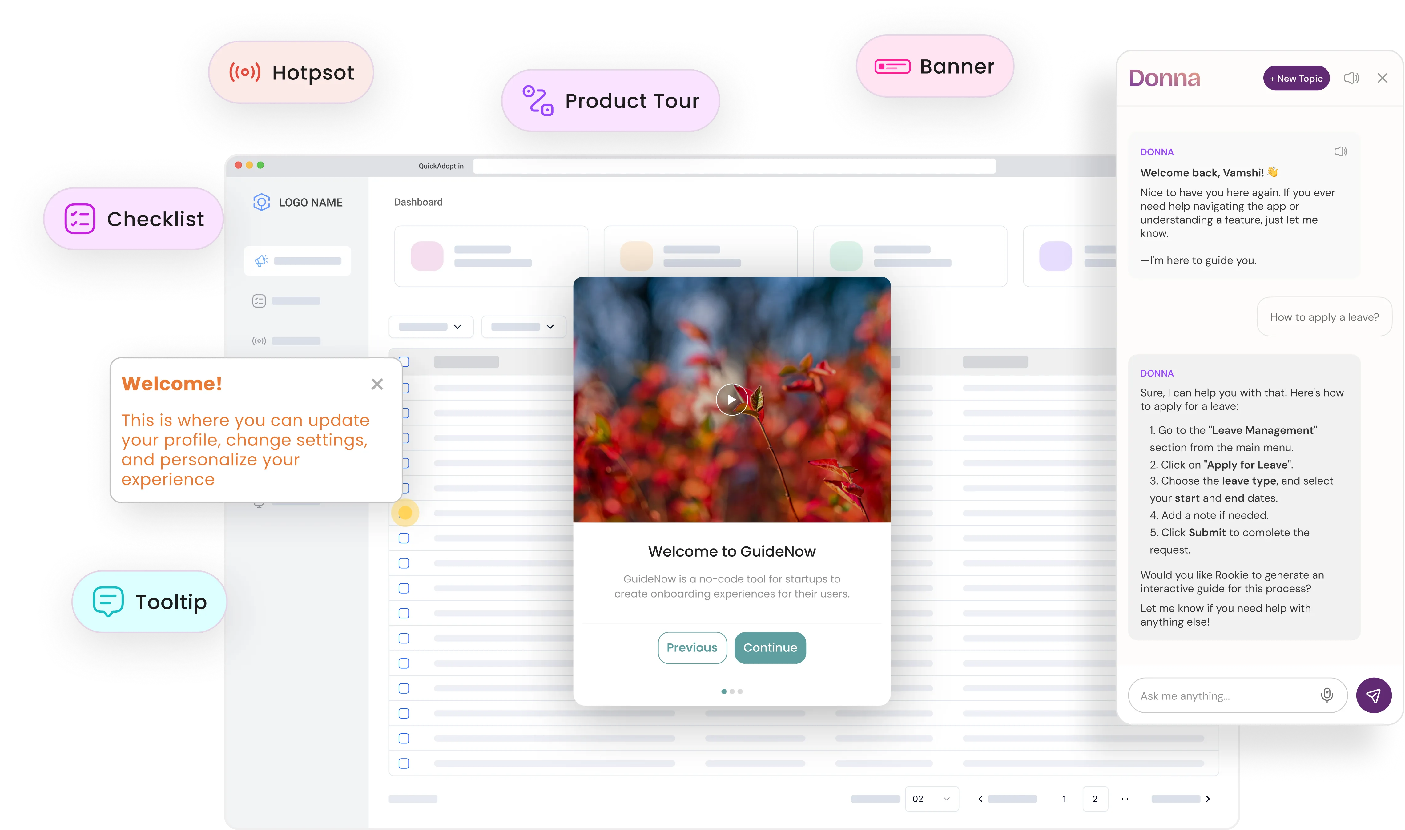 GuideNow Dashboard Interface showing AI-powered guidance features including surveys, product tours, banners, checklists, and tooltips